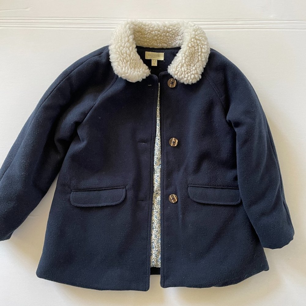 Olivier London Navy Fleece-Collar Coat with Liberty London Print, 7-8 years